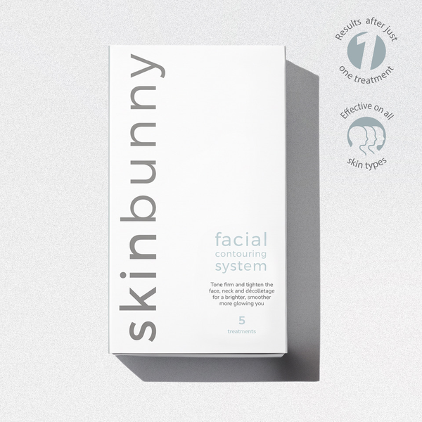 A white box titled facial contouring system. calls outs of results after 1 treatment and effective on all skin types 